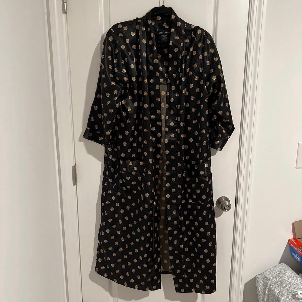 Robert Louis Silk Blend Polka Dots Long Sleeve Longline Robe Black Women's OS